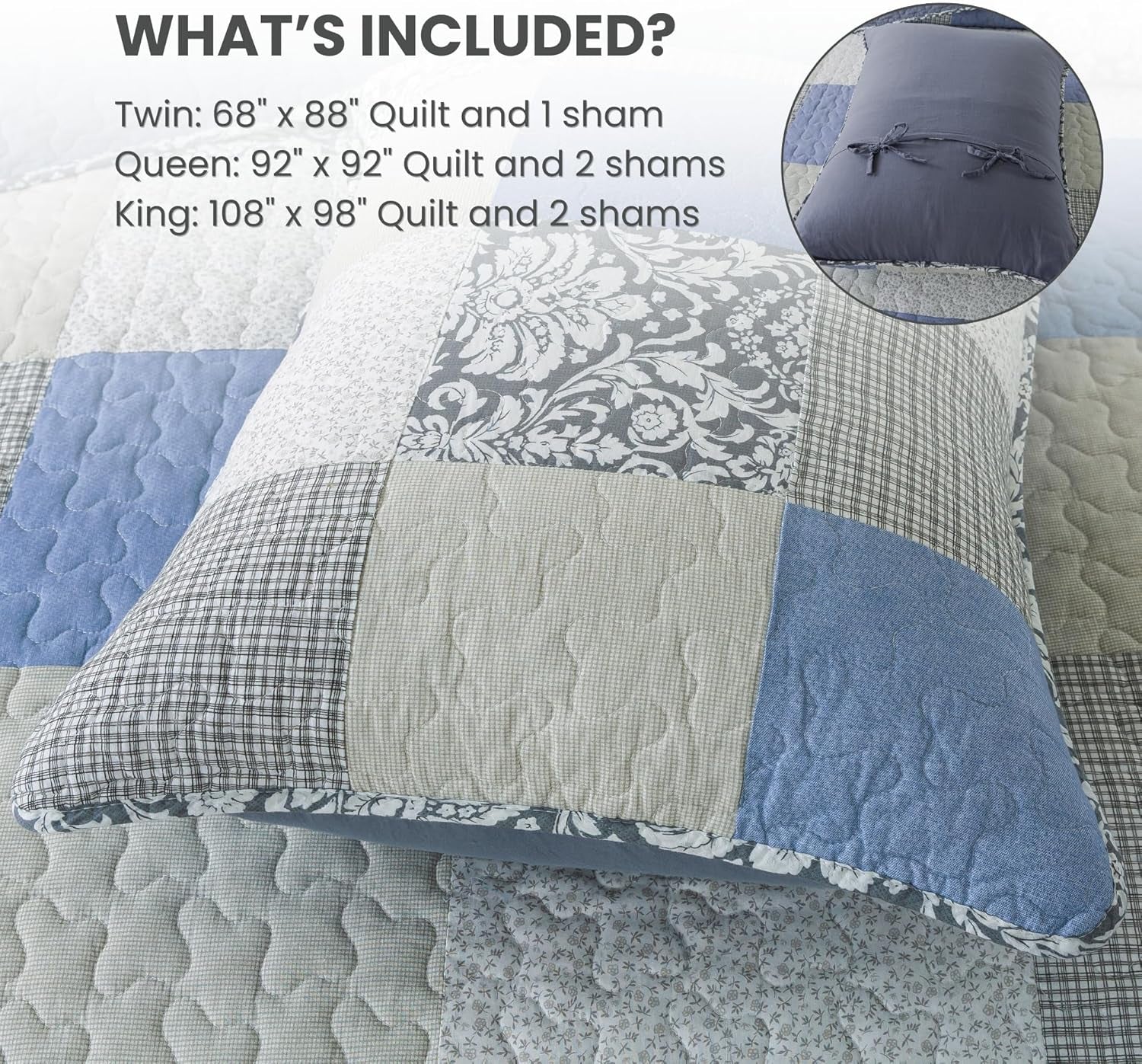 Sweet Dreams Cotton Quilt Set - King Size with 2 Shams, Pieced Patchwork Bedding in Blue and Gray, Country Style Farmhouse Quilted Bedspread