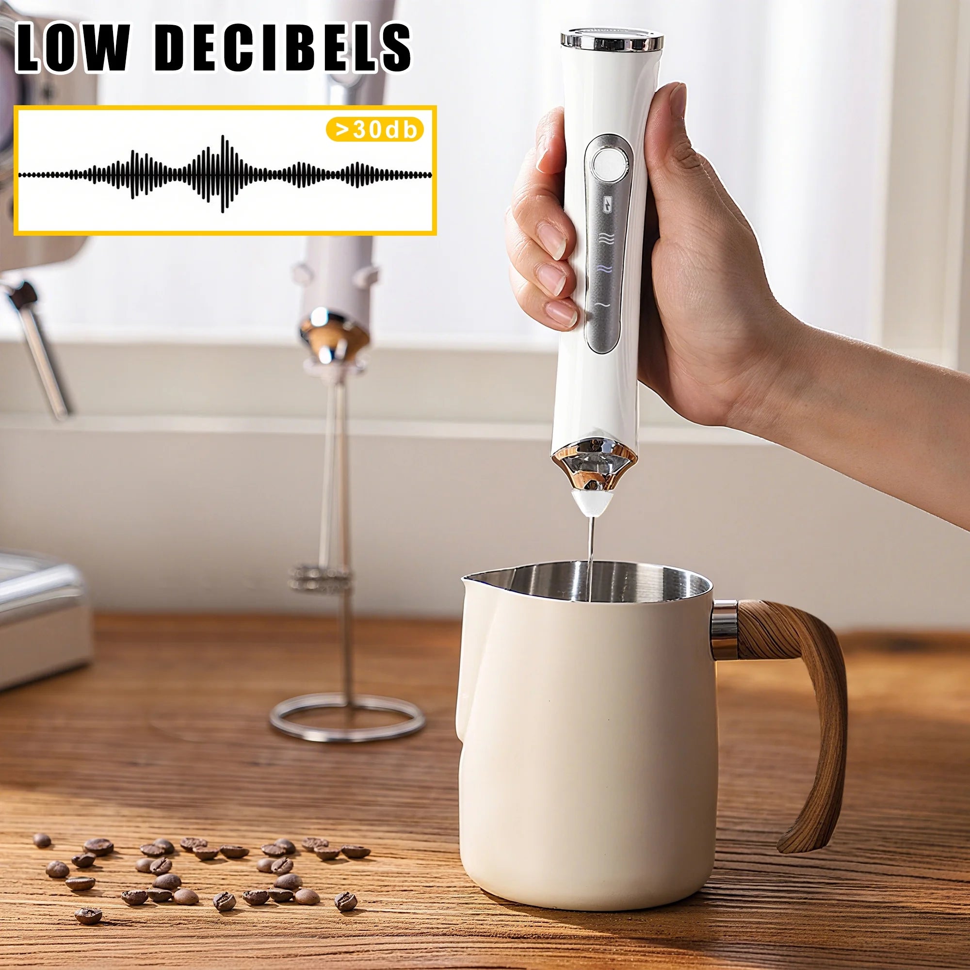 Electric Milk Frother, Rechargeable Handheld Electric Milk Frother with 2 Heads and 3 Speeds, White