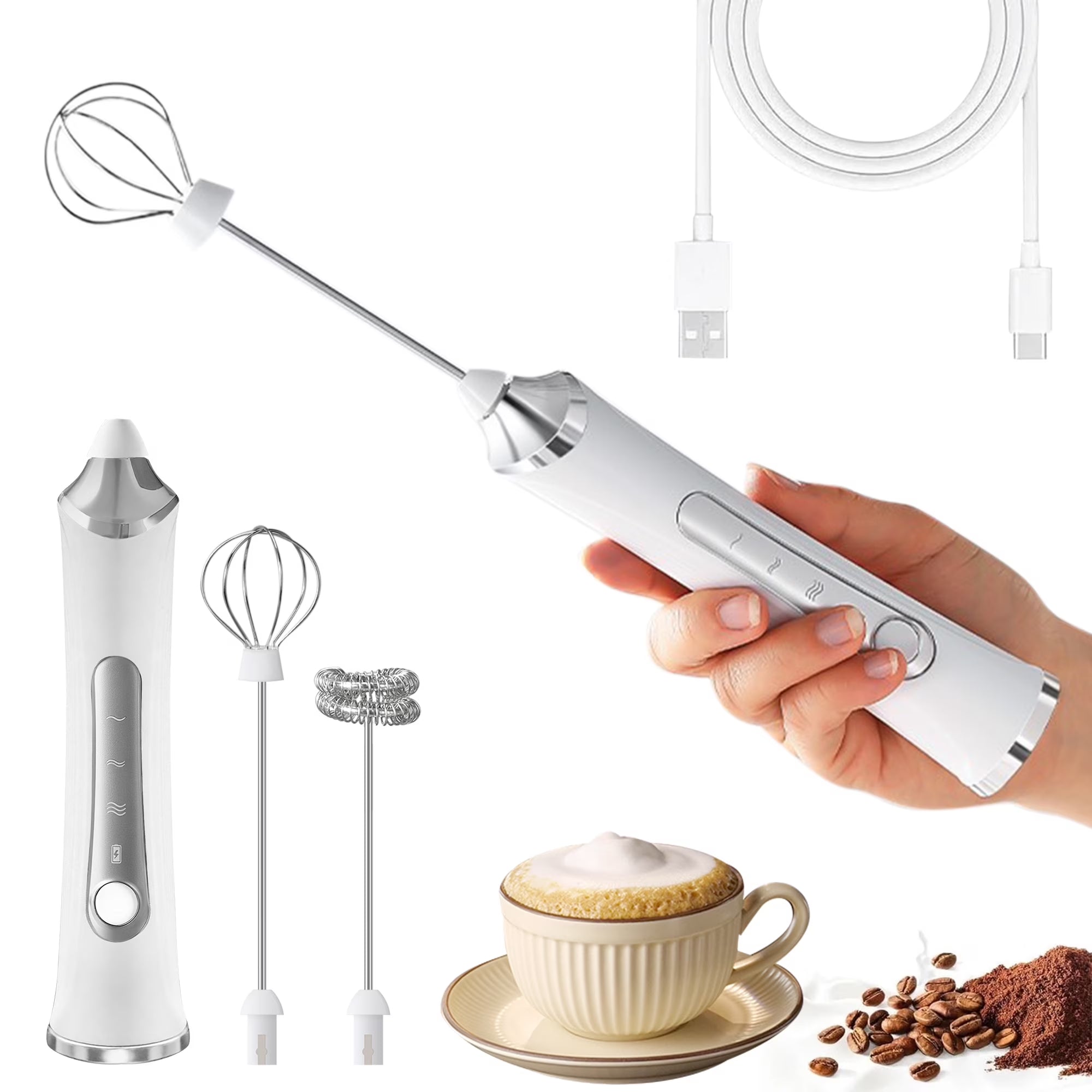 Electric Milk Frother, Rechargeable Handheld Electric Milk Frother with 2 Heads and 3 Speeds, White