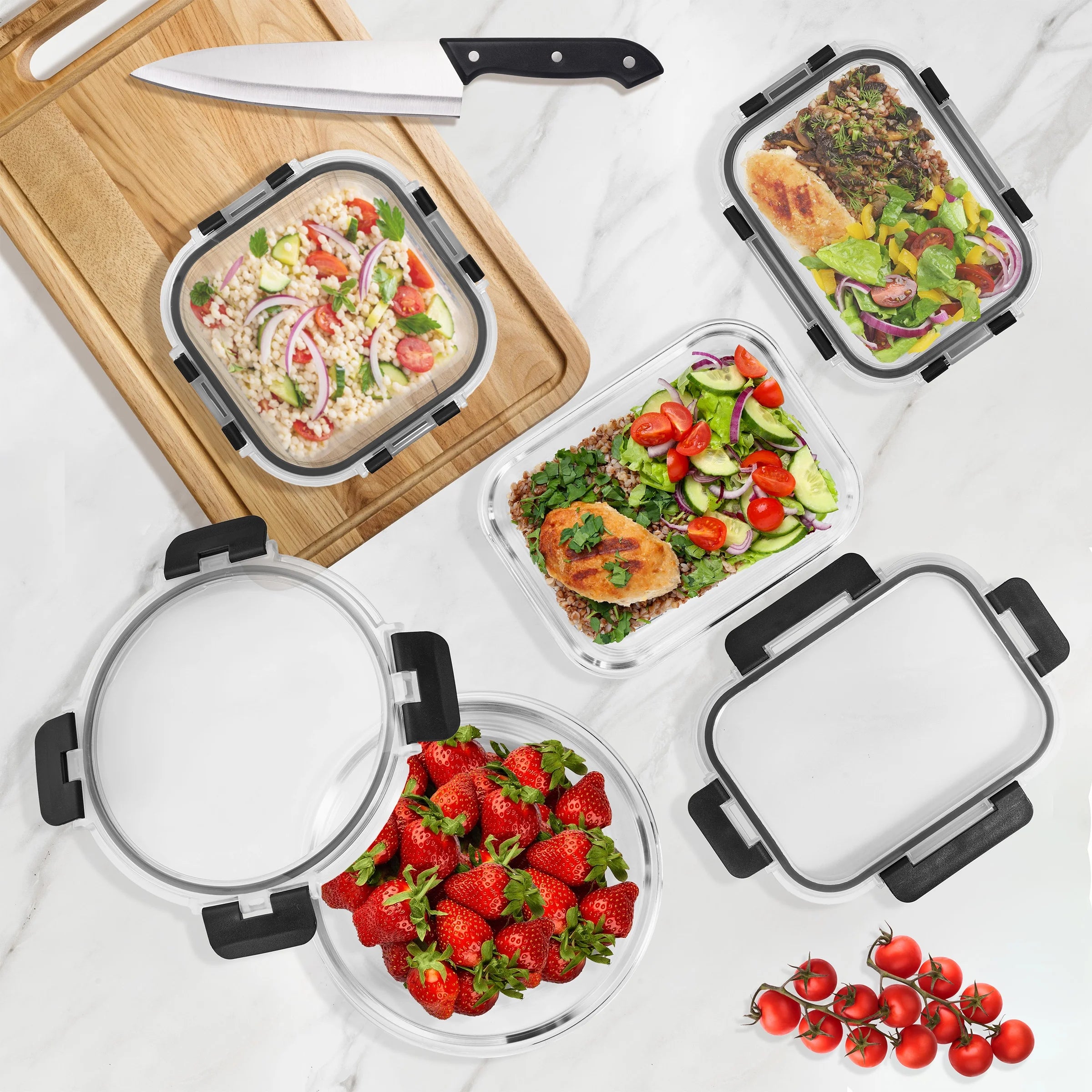 round Glass Meal Prep Containers Set of 8 with Airtight Lids (16Pcs)