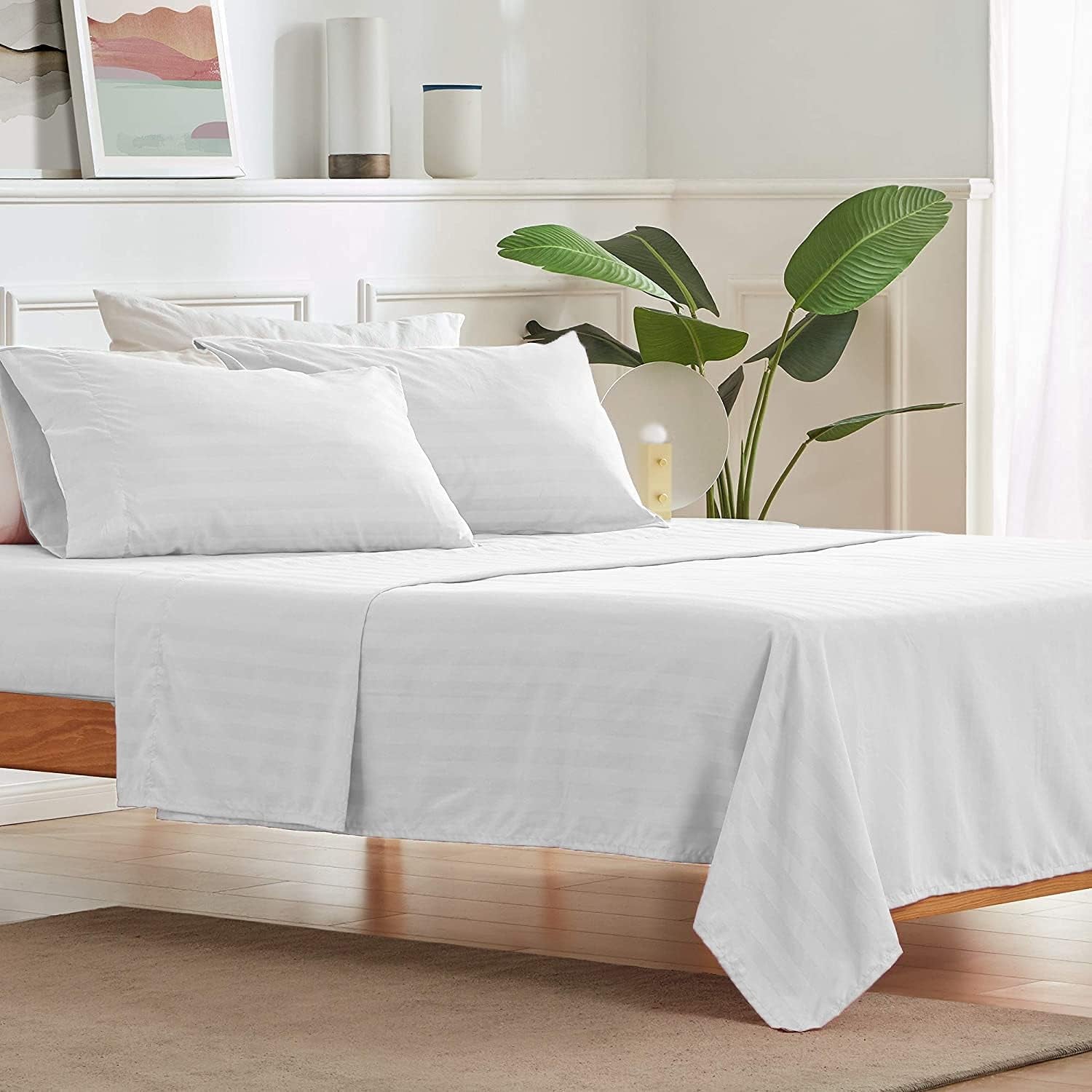 Sheet Set Full XL Size 500 Thread Count 4 Piece Sheet Set Egyptian Cotton Sheet Sateen Weave Fits Mattress Upto 15 Inch Deep Pocket White Stripe