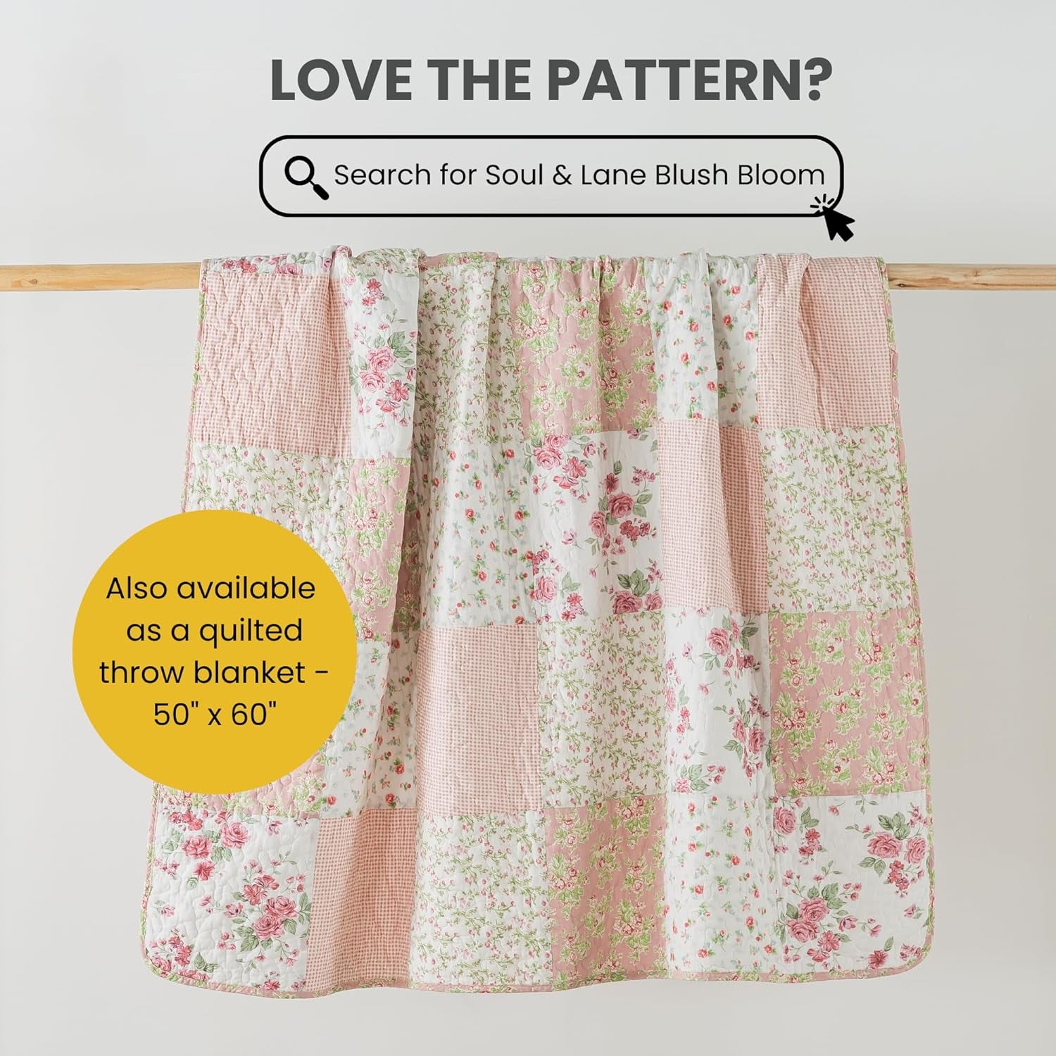 Blush Bloom Cotton Quilt Set - Queen Size with 2 Shams, Floral Patchwork Quilted Comforter, Lightweight Country Pieced Bedspread in Blush and Pink, Roses Patch Work Bedding