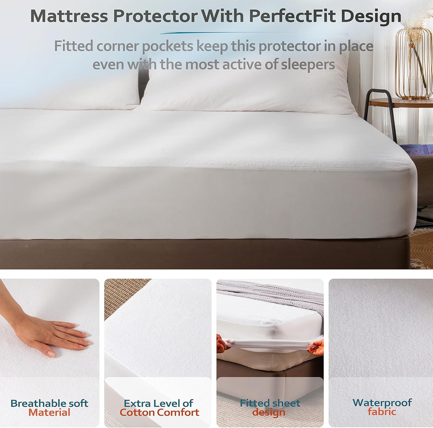 King Mattress Protector, Breathable Soft Terry Cotton Fitted Sheet Bed Cover with Deep Stretchable Pockets, 100% Waterproof, Noiseless, Hypoallergenic, Dust Mite Proof, 76"X80"X15"