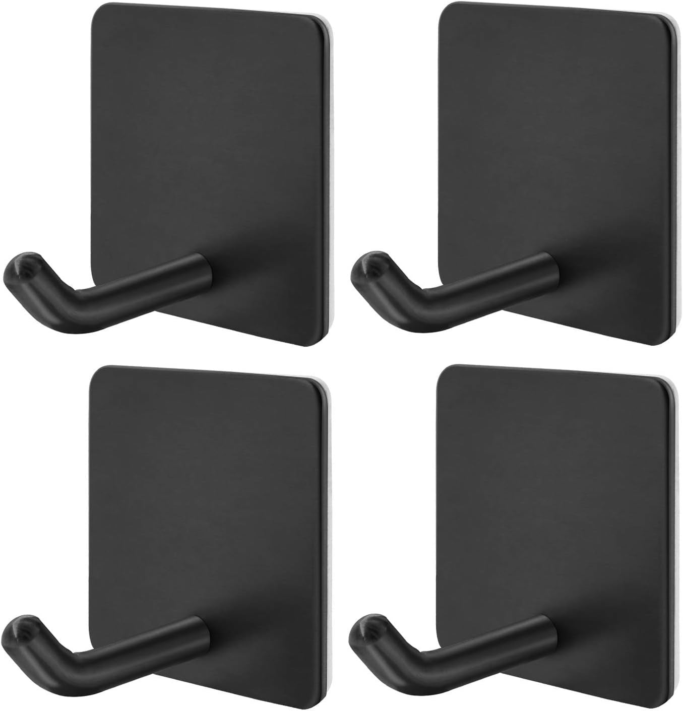 Adhesive Hooks, Self Adhesive Black Wall Mount Hanger Heavy Duty Rugged 304 Stainless Steel Hooks for Robe Coat Towel, Strong Sticky Hanging Hooks for Doors Kitchen Bathrooms Office, 4 Packs