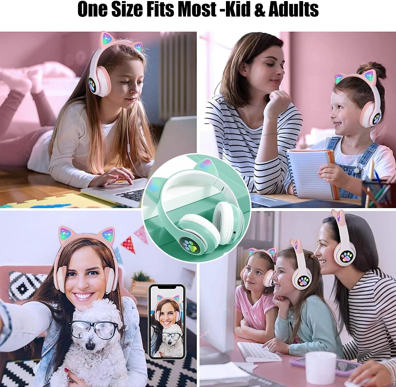 Kids Headphones with Microphone/Rgb LED Light Up, Cat Ear Bluetooth Headphones, Foldable Stereo Over-Ear Headphones for Kids Tablet/School/Pad/Smartphone, Xmas Gift (Green)