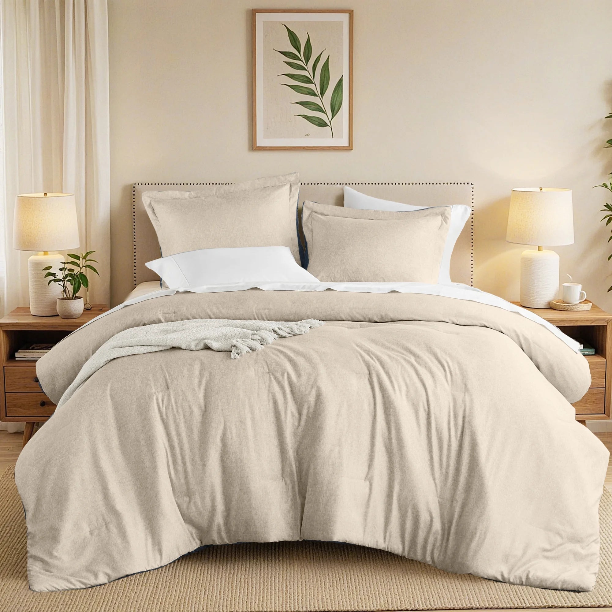 Full/Queen Comforter Sets, Reversible 3 Piece Extra Soft Bedding Set, Chambray Print Neutral Comforter Bed Set with Pillow Shams