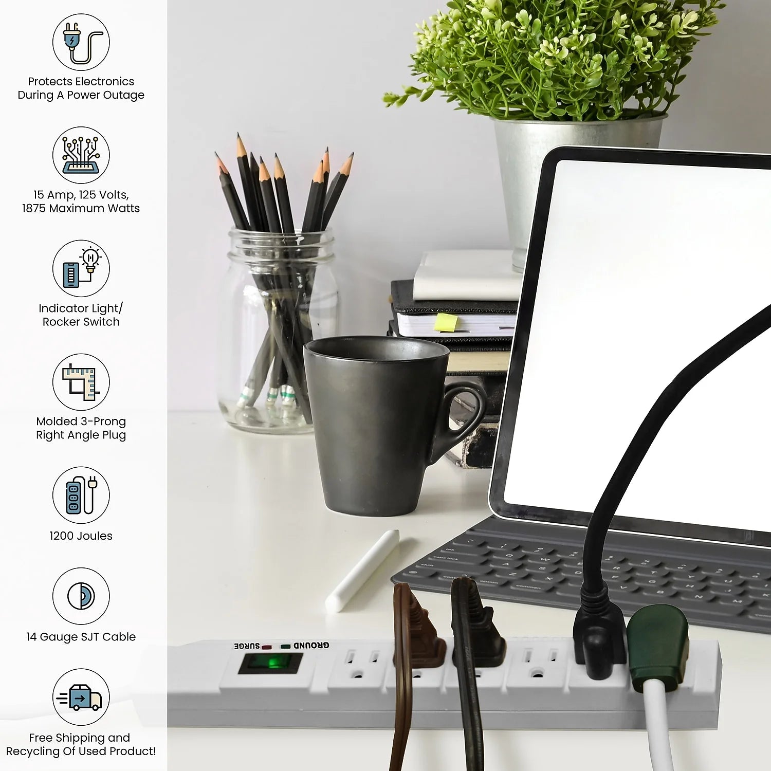 (GG-16315-15) 6 Outlet Surge Protector, 1200 Joules, White, 15 Ft Cord