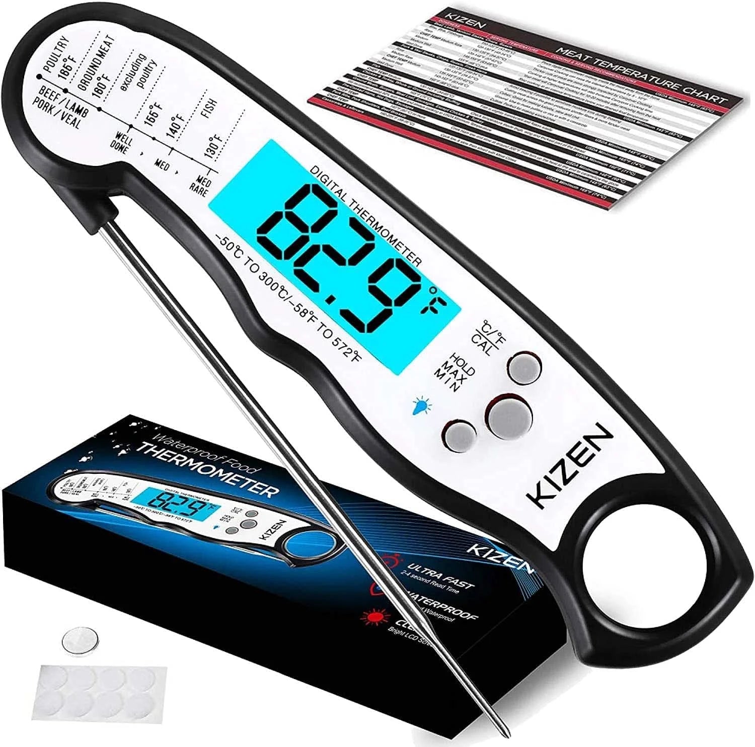 Digital Meat Thermometer with Probe - Kitchen Food Thermometer - Black/White