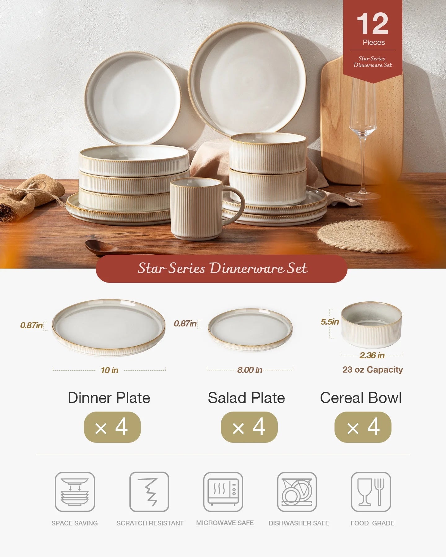 Star Stoneware Dinnerware Sets, Plates and Bowls Set for 4, 12 Piece Dish Set, Cappuccino White
