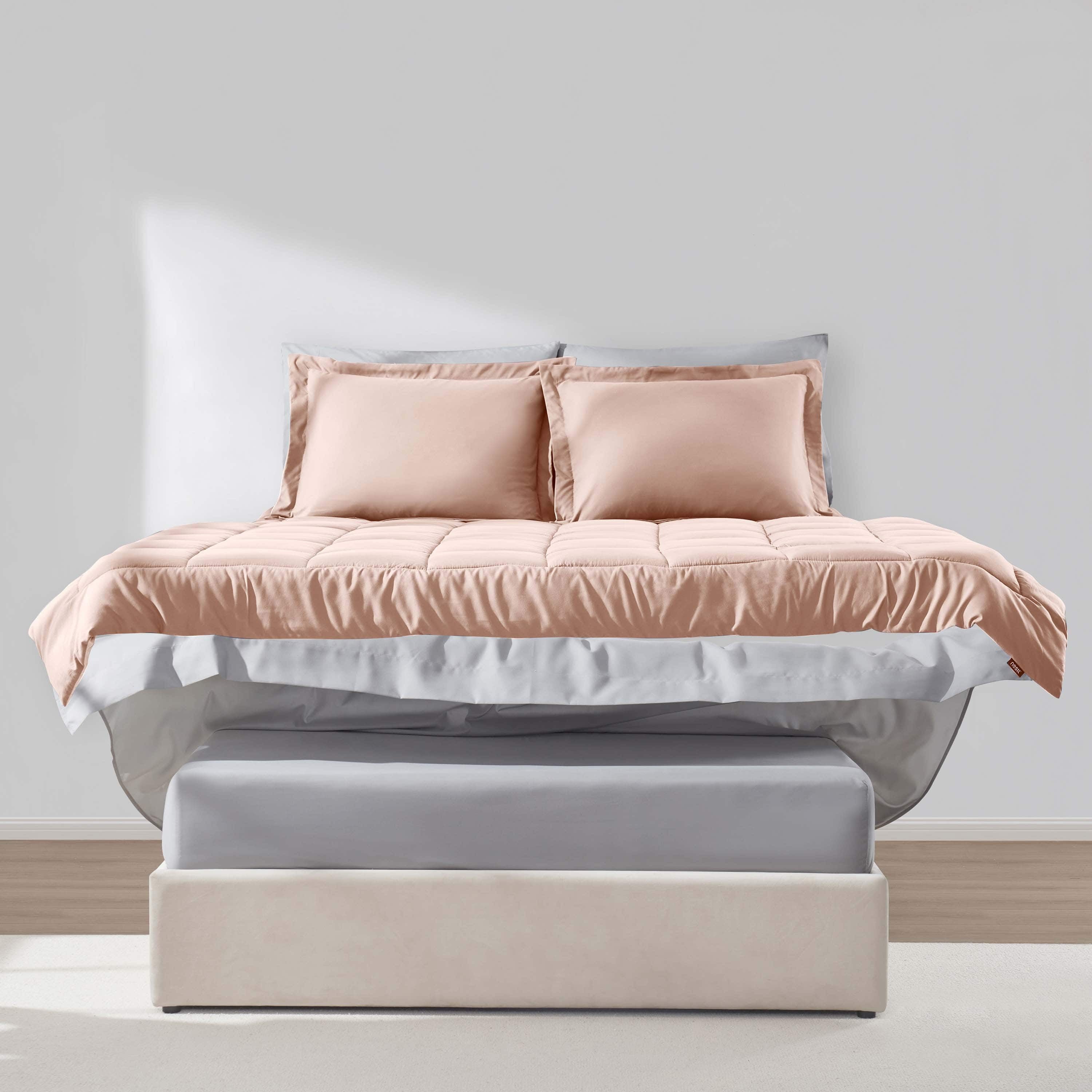 Full Comforter Set, 7Pc Bed in a Bag, Reversible Bedding Comforter Sets with Sheets, Peach Purple